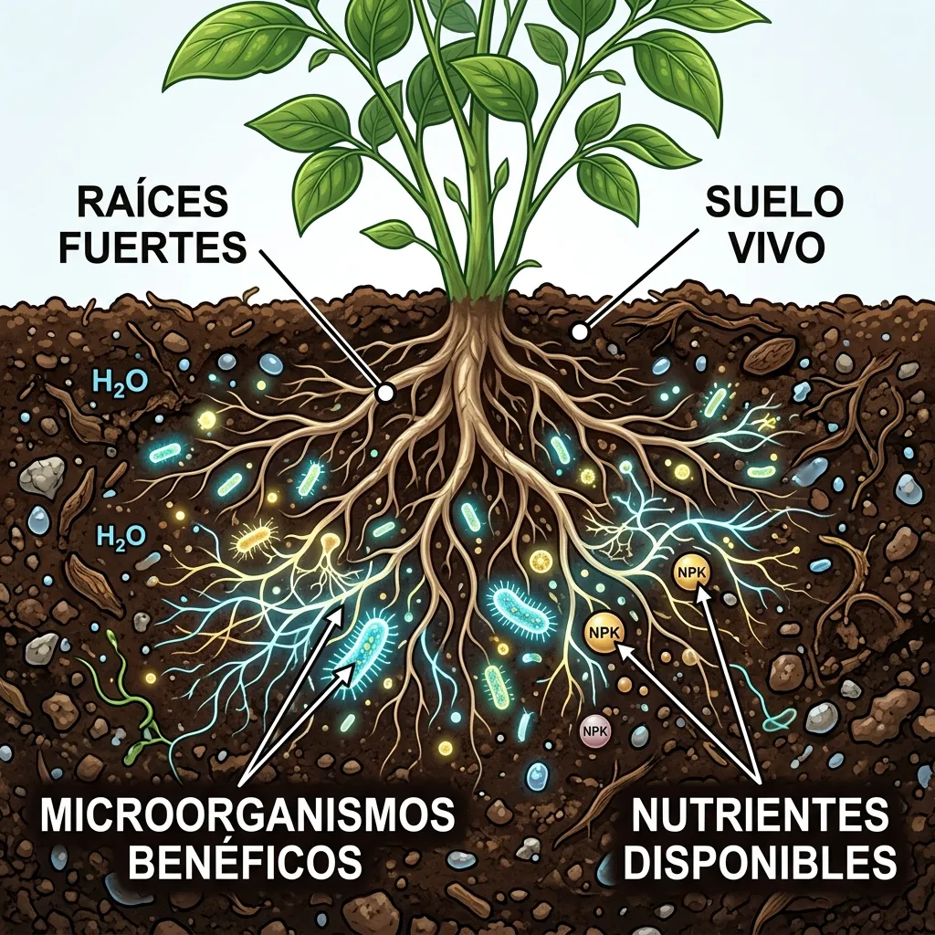 Diagrama de raíces y microorganismos benéficos EM-1
